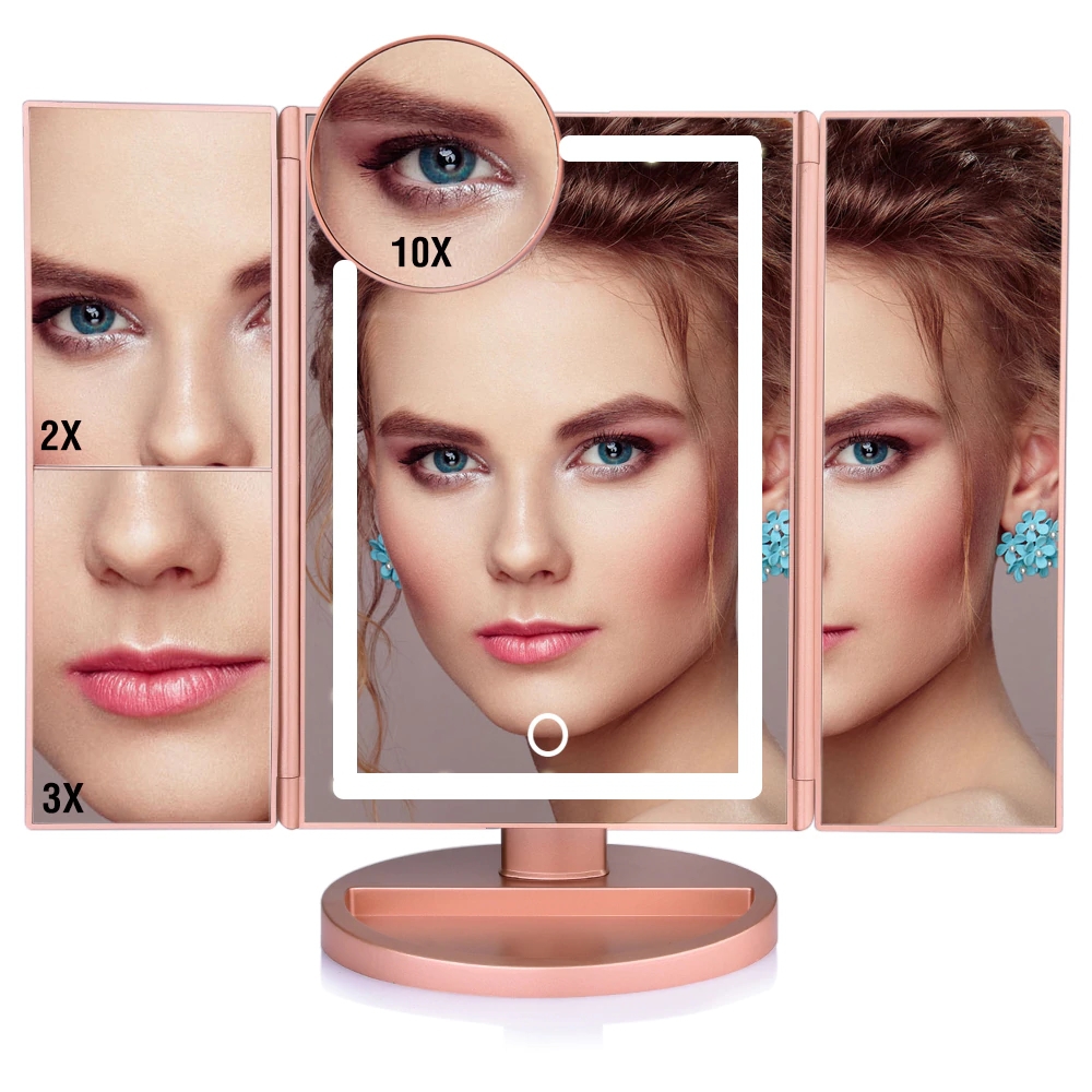 1X-2X-3X+10X HD ZOOM Rose Gold 37 Şerit LED Işıklı Makyaj Aynası, 3 Panel, Katlanabilir, Dokunmatik Parlaklık Ayarı (R. Gold)