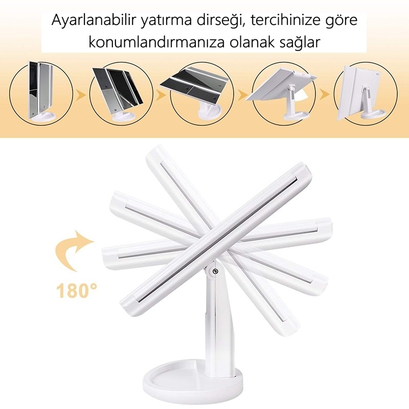 24 LED Işıklı Makyaj Aynası, 1X-2X-3X+10X HD ZOOM, 3 Panel, Katlanabilir, Dokunmatik Sensörlü (Beyaz)