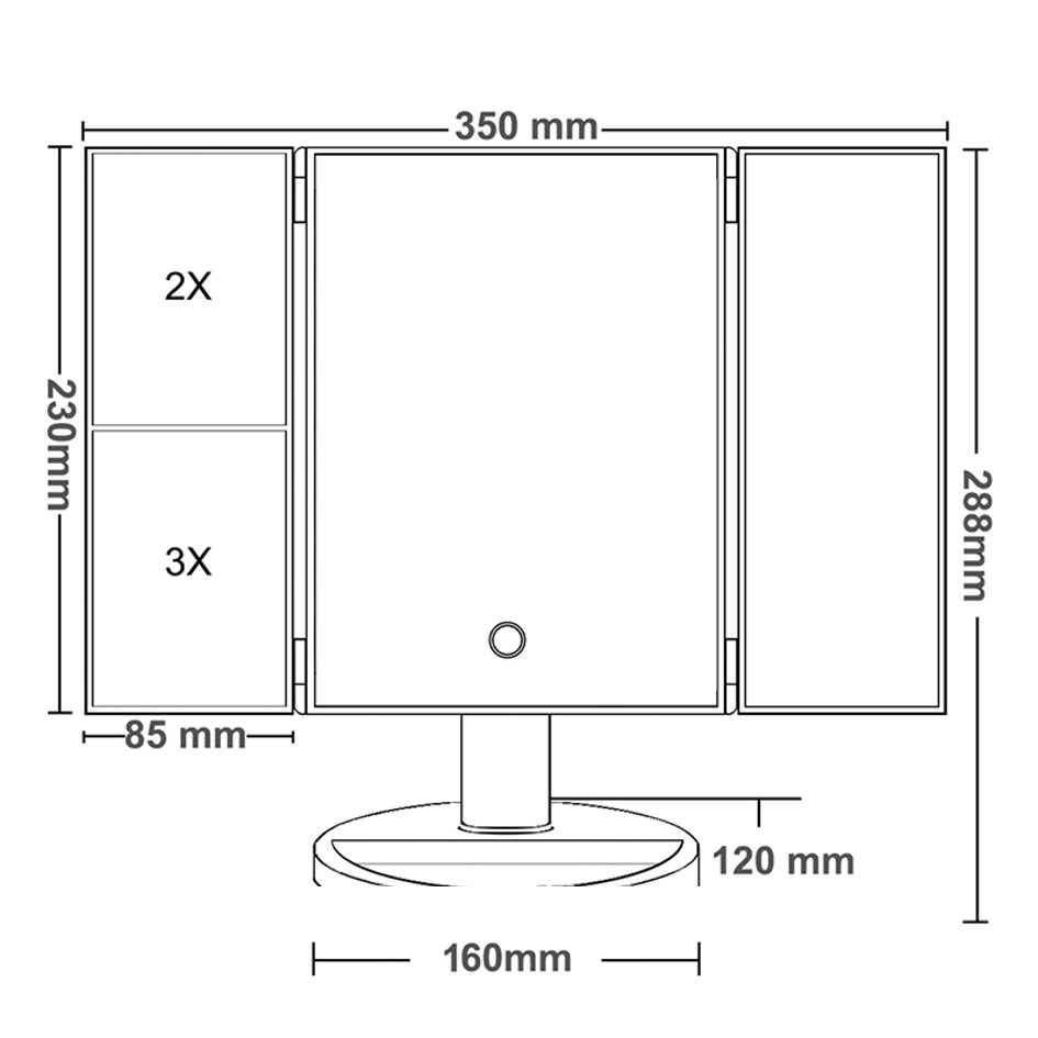 24 LED Işıklı Makyaj Aynası, 1X-2X-3X+10X HD ZOOM, 3 Panel, Katlanabilir, Dokunmatik Sensörlü (Beyaz)